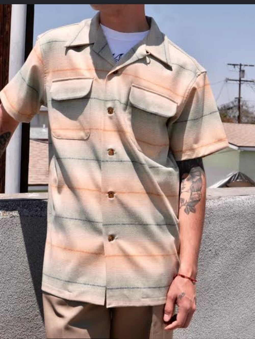 Pendleton Short-Sleeve Button-Front Shirt in Peach and Sage